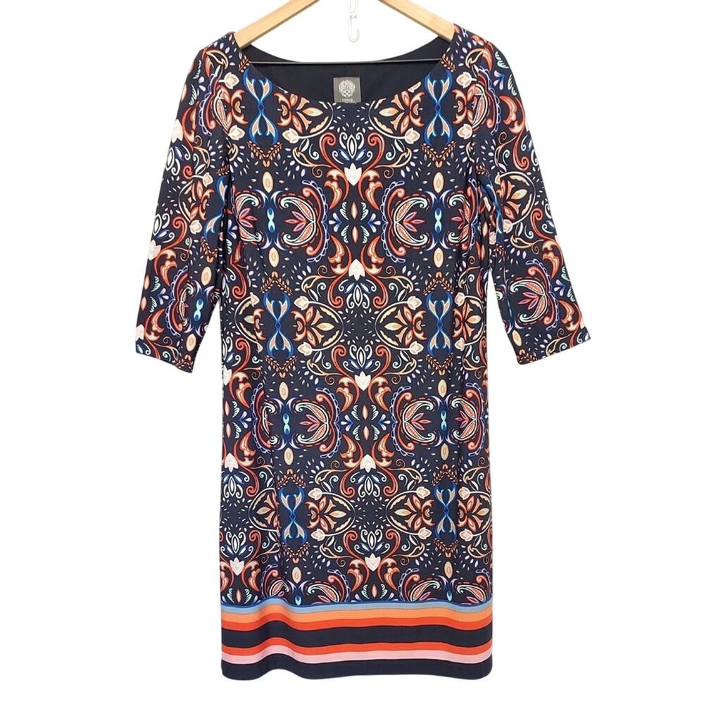 Vince Camuto Multicolor Rainbow Stripes Floral Paisley Long Sleeve Midi Dress